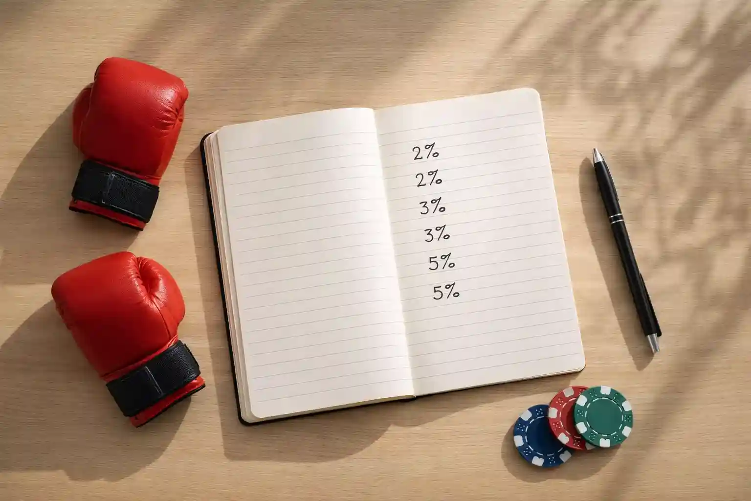 Bankroll Management – Notizbuch mit Einsatzplanung neben Boxhandschuhen