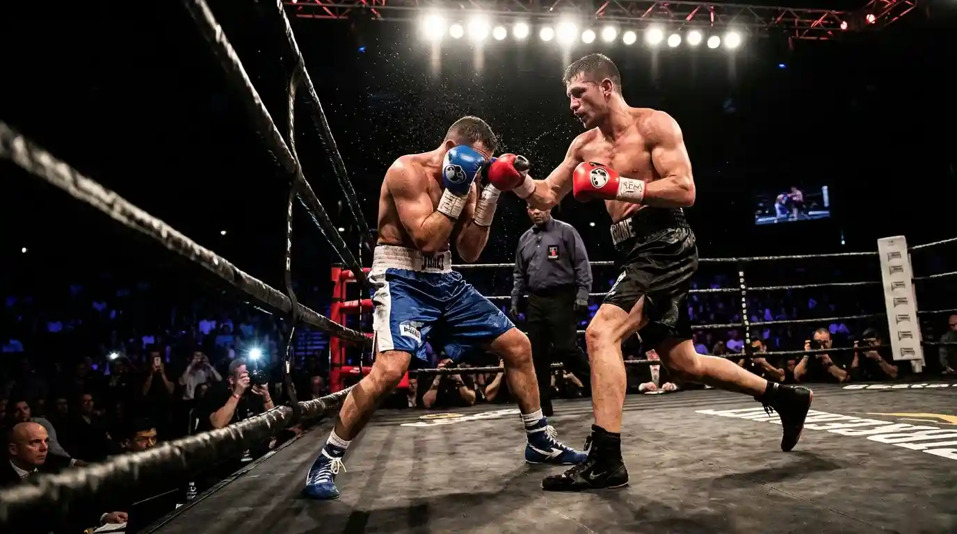 Intensiver Boxkampf in einem beleuchteten Ring während eines Live-Events