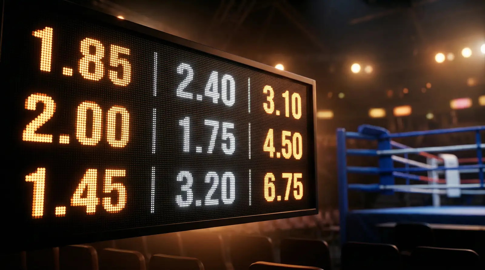 Nahaufnahme einer Anzeigetafel mit Boxwetten-Quoten in einer Wettarena