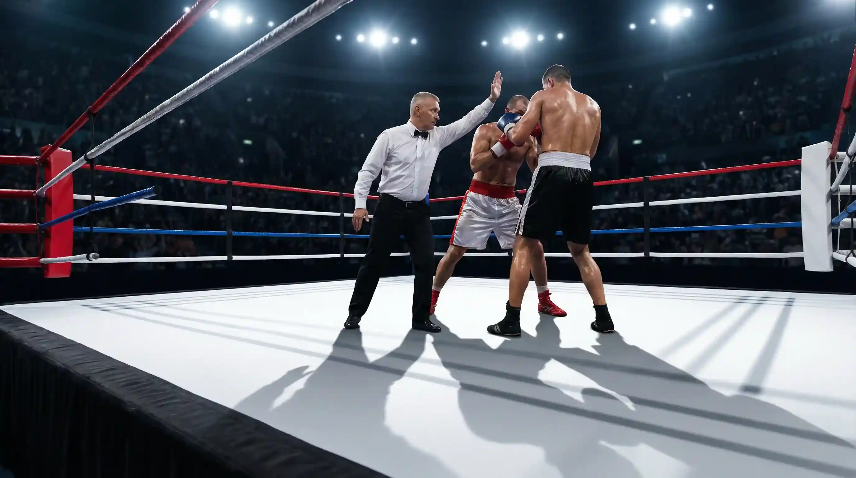 Ringrichter überwacht Profi-Boxkampf im Boxring unter Scheinwerferlicht