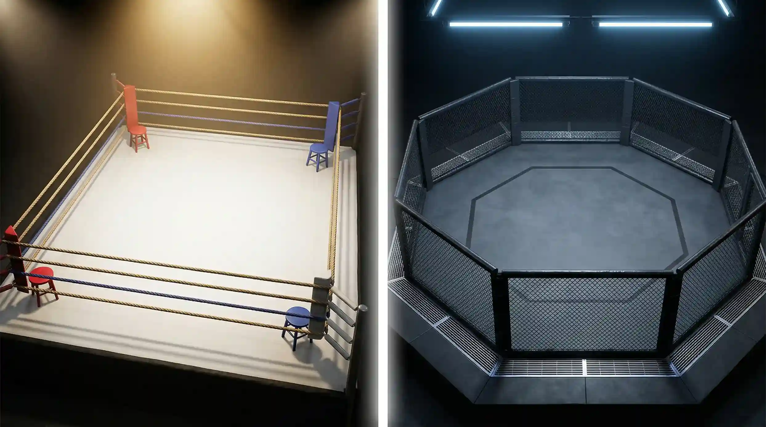 Boxring und MMA-Oktagon nebeneinander unter Hallenbeleuchtung