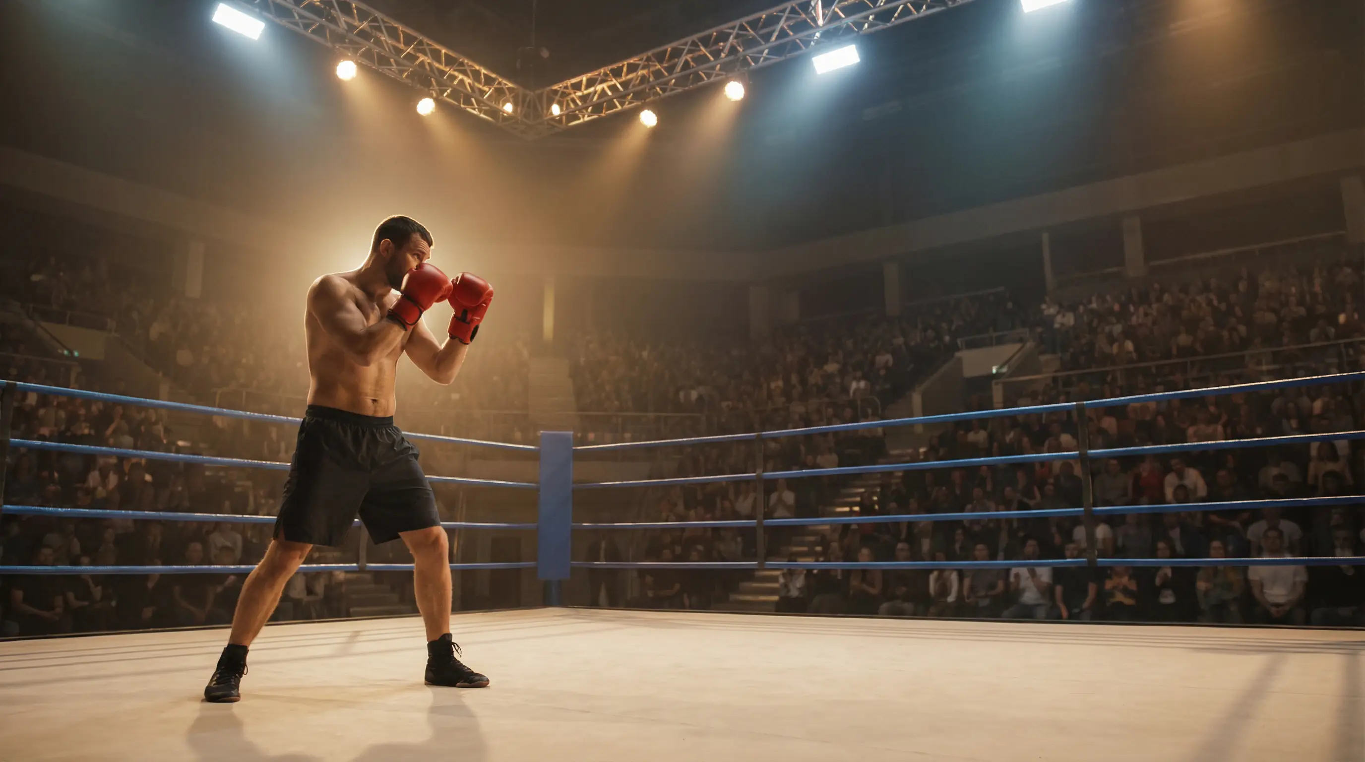 Boxer in Kampfhaltung vor einer erleuchteten Arena voller Zuschauer