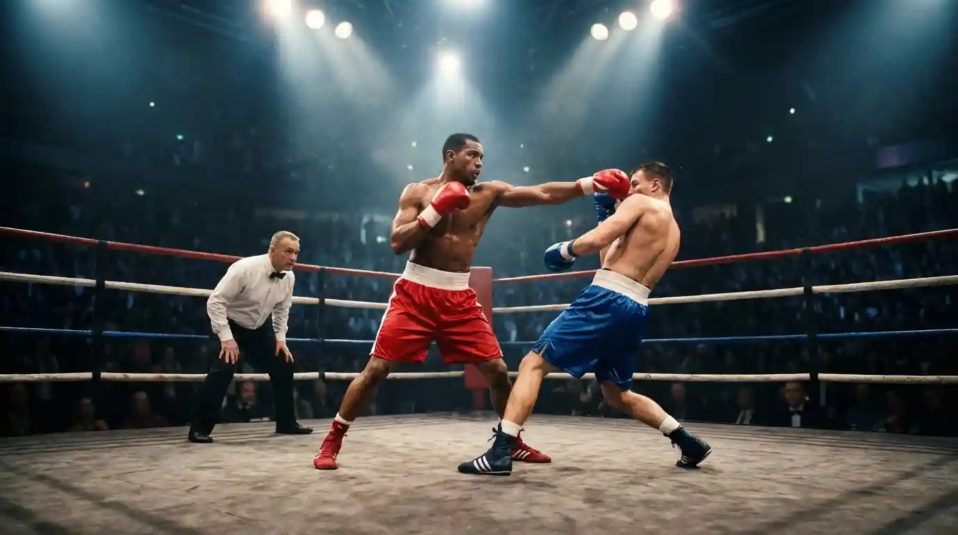 Boxkampf im Ring mit Ringrichter und Zuschauern unter Scheinwerferlicht