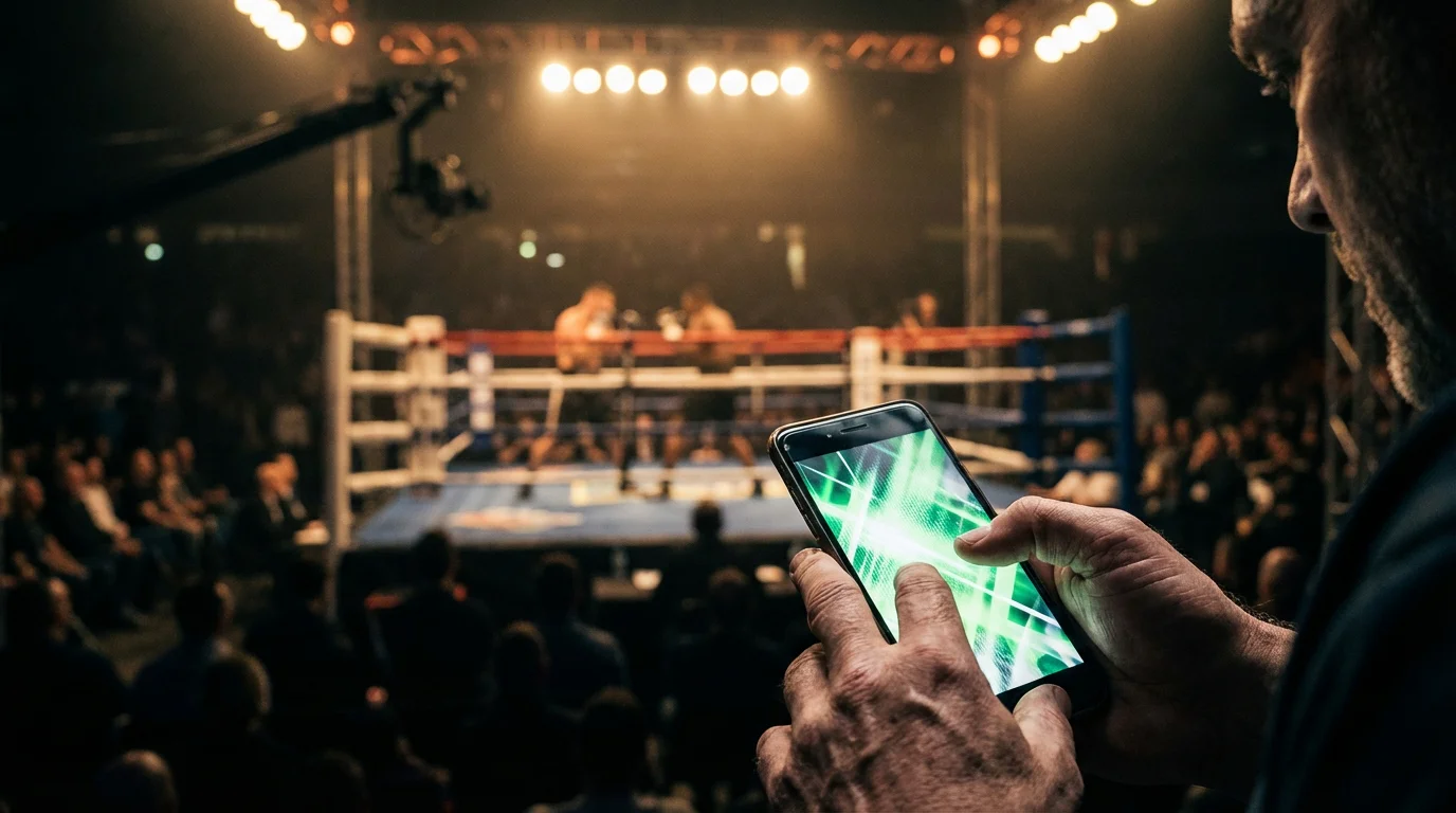 Hand hält Smartphone mit Live-Boxkampf-Quoten am Ringside