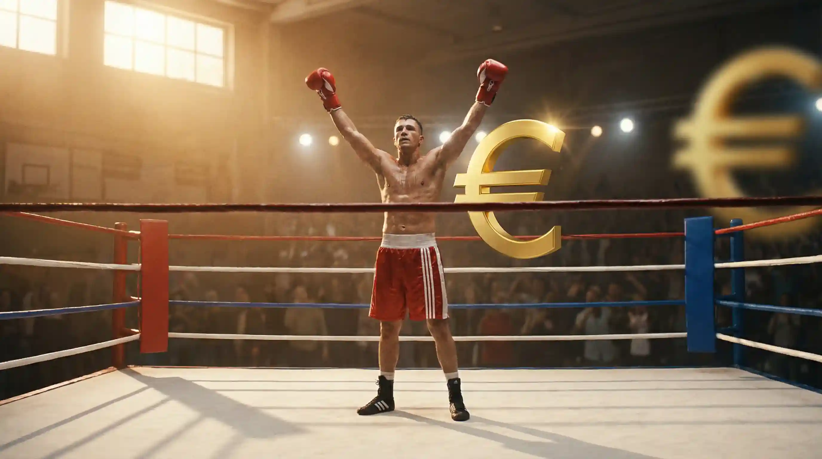 Boxer feiert Sieg im Ring mit Bonus-Symbol im Hintergrund