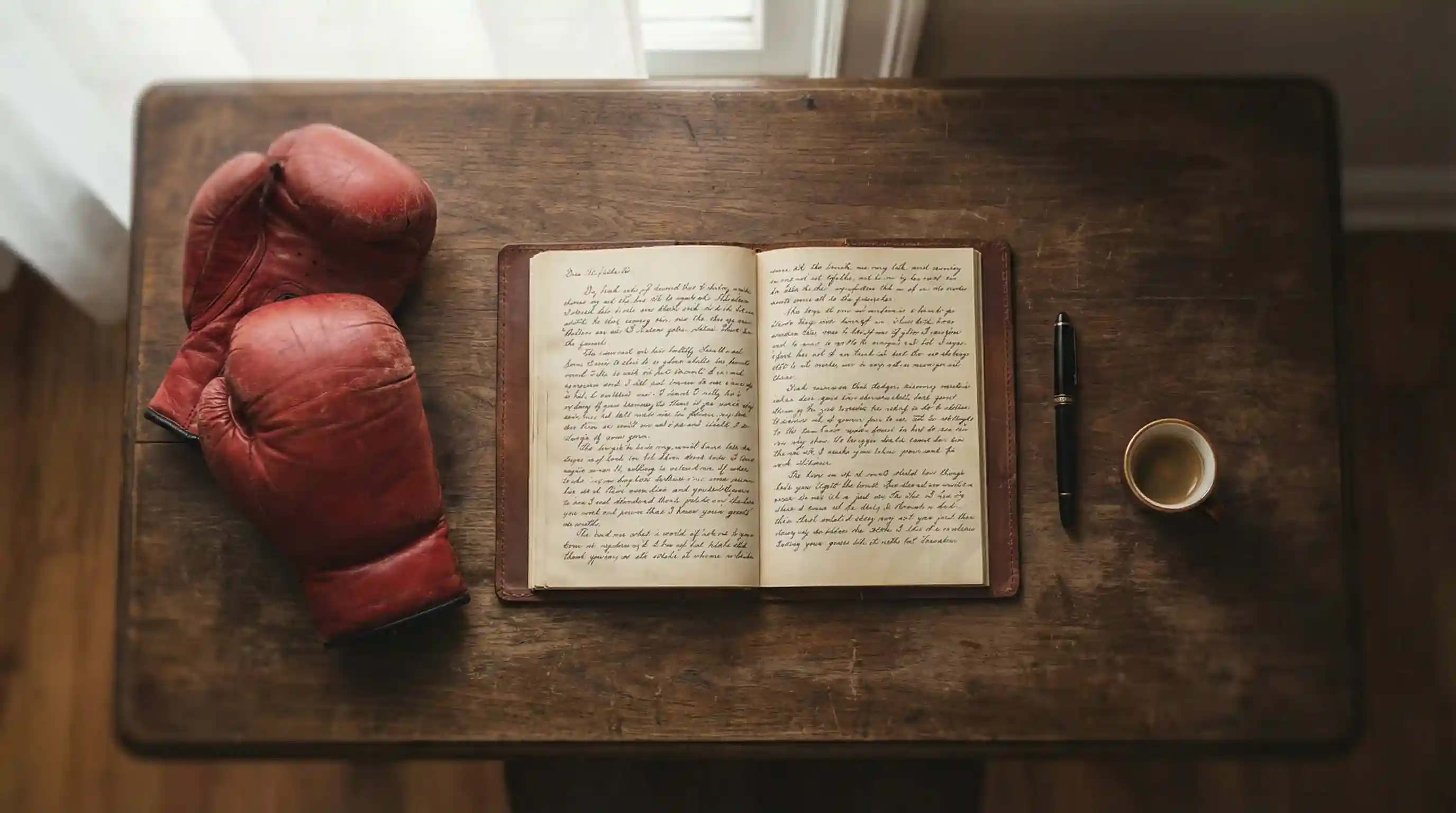 Aufgeschlagenes Notizbuch mit Boxhandschuhen und Stift auf dem Tisch
