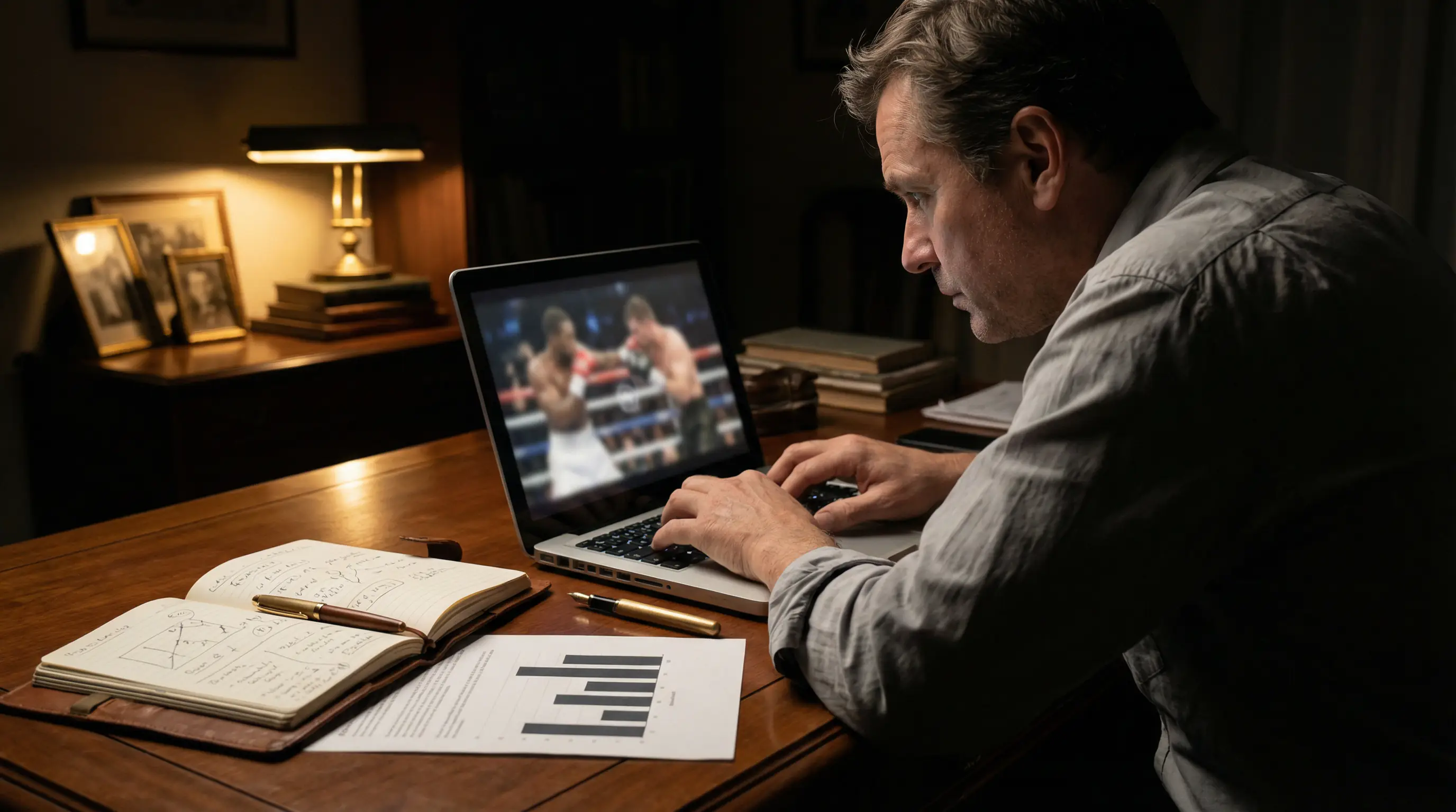 Sportanalytiker studiert Boxkampf-Statistiken an einem Schreibtisch mit Notizen