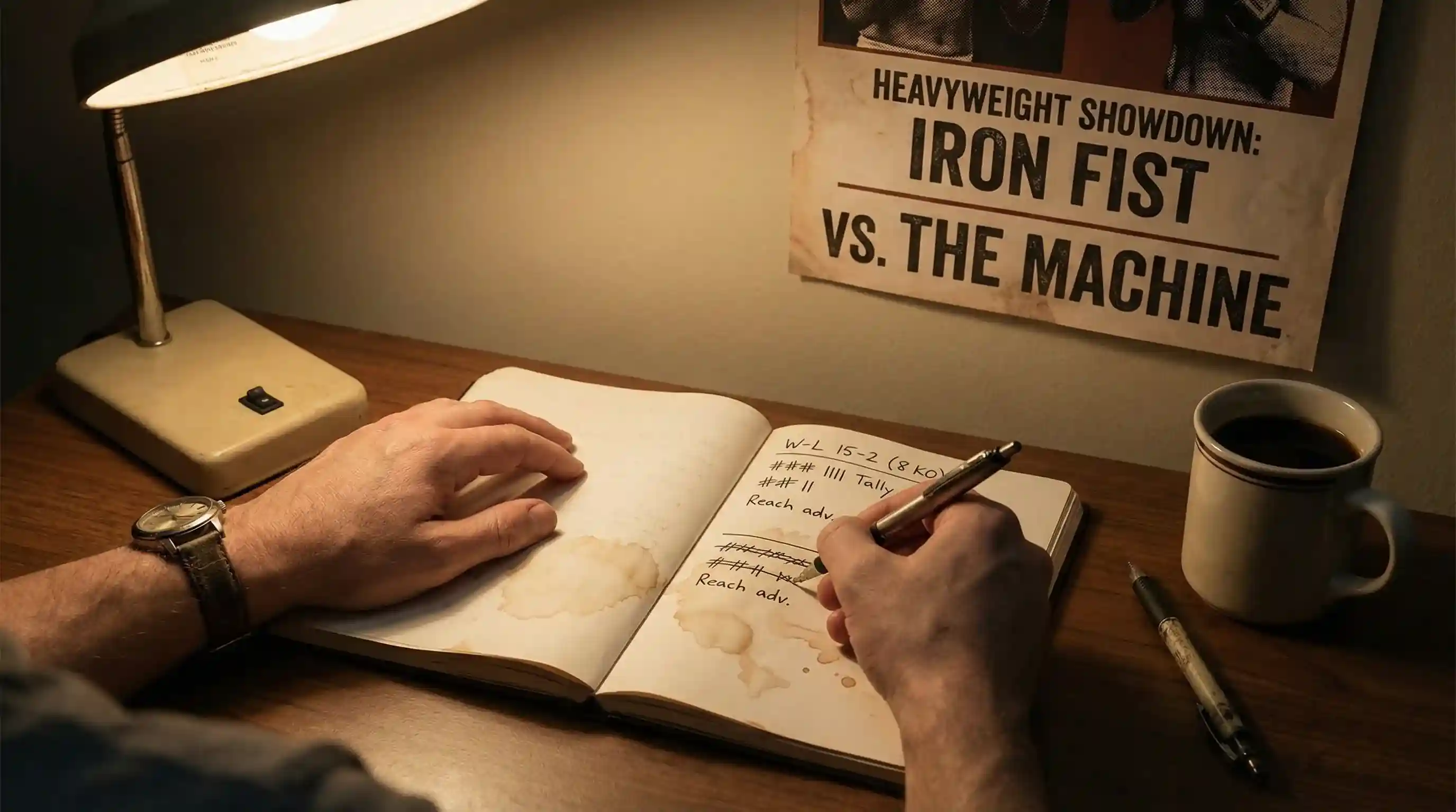 Boxkampf-Analyse – Notizbuch mit Statistiken neben einem Boxring