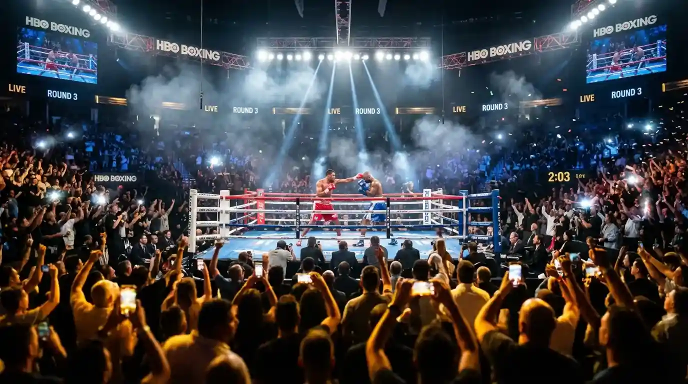 Boxkampf unter Flutlicht mit gespanntem Publikum in der Arena