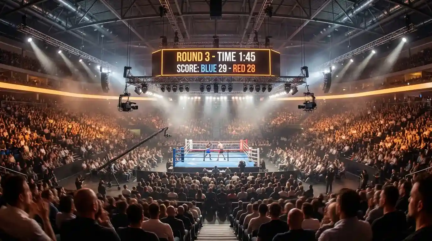 Boxkampf-Arena mit beleuchteter Anzeigetafel und Publikum im Hintergrund