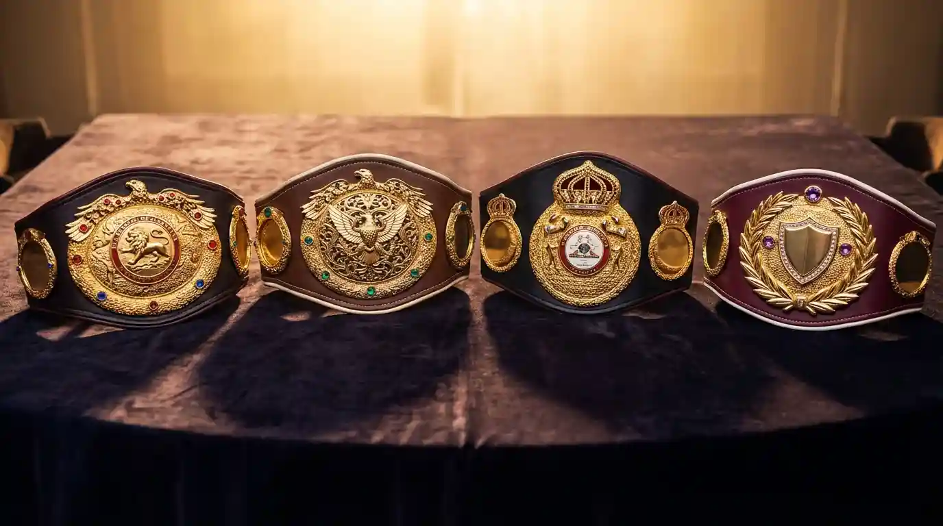 Vier Boxweltmeister-Gürtel der großen Verbände WBA WBC IBF WBO nebeneinander