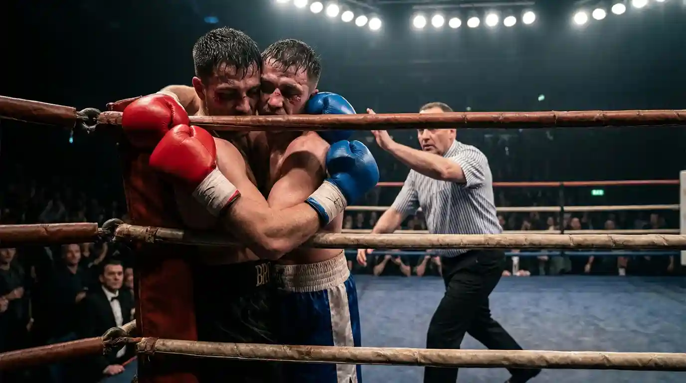 Zwei Boxer im engen Clinch während eines ausgeglichenen Boxkampfes