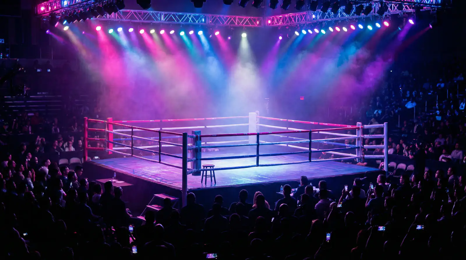 Boxring mit grellem Showlicht und jubelndem Publikum bei einem Event