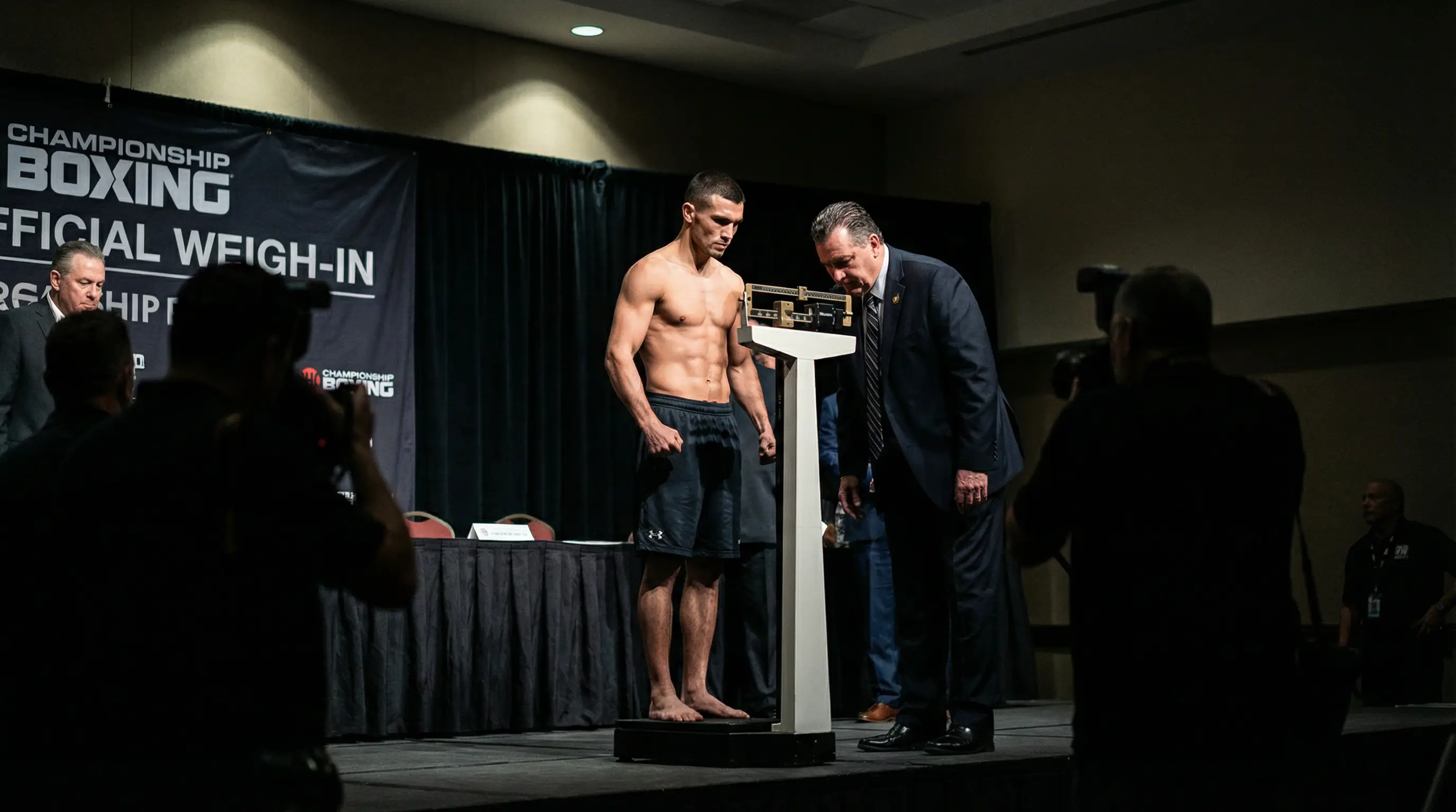 Boxer beim offiziellen Wiegen vor einem Profikampf auf der Waage