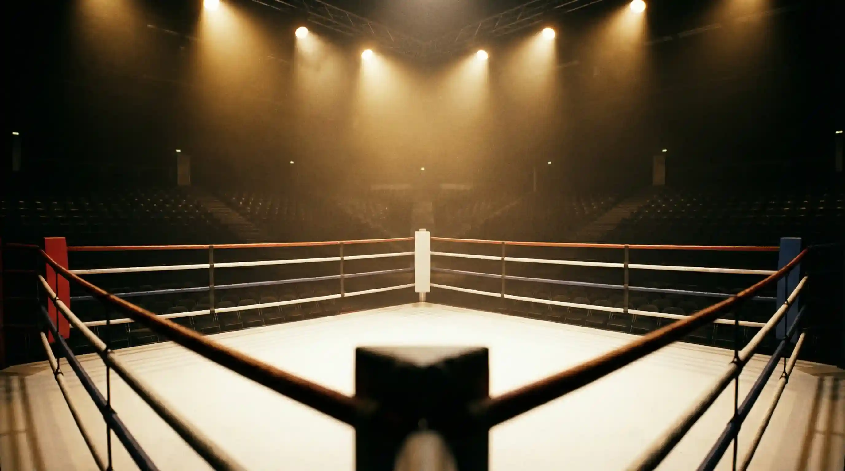 Boxring unter Flutlicht vor einem Titelkampf