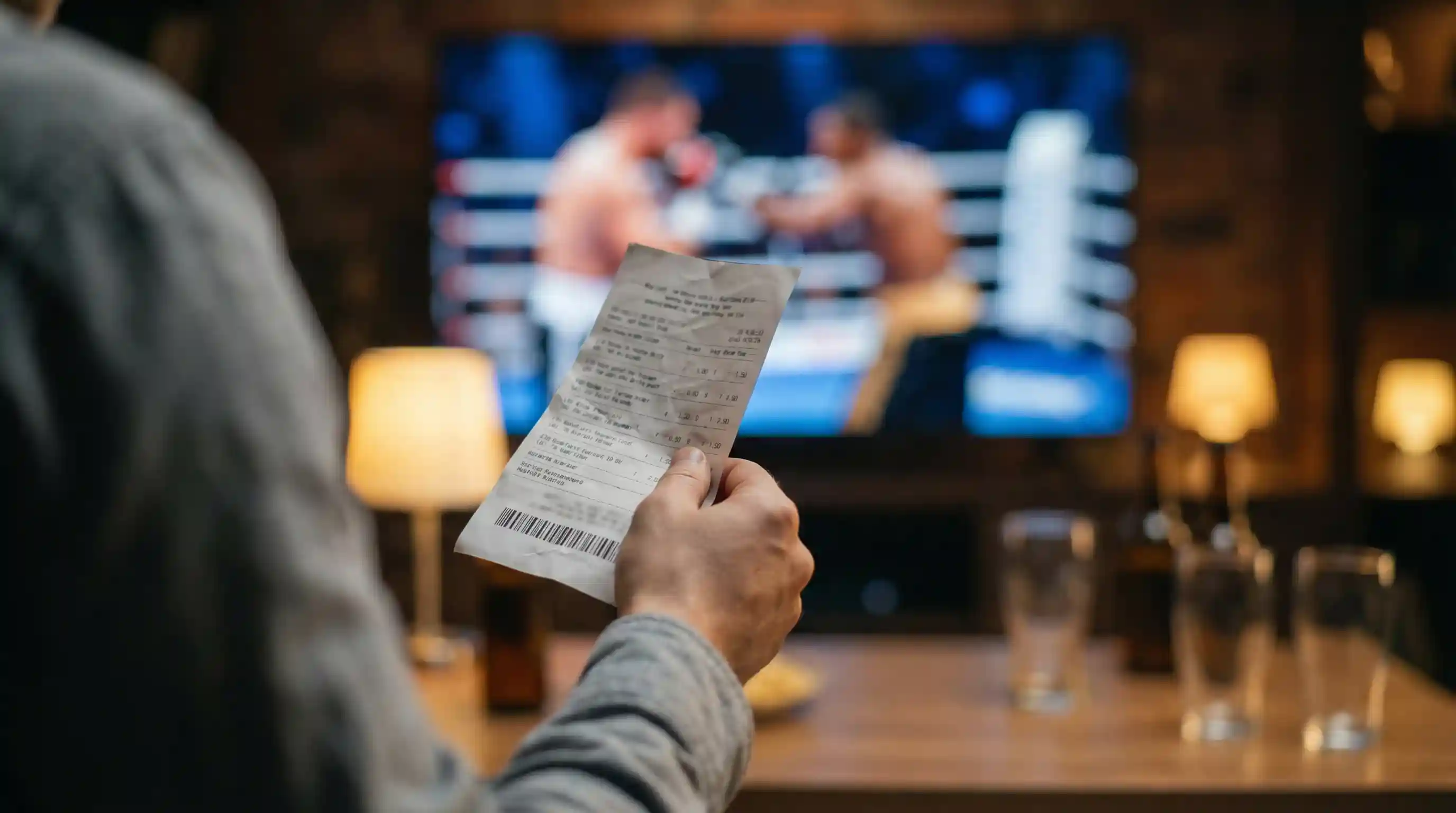 Hand hält Wettschein mit mehreren kombinierten Boxkampf-Tipps