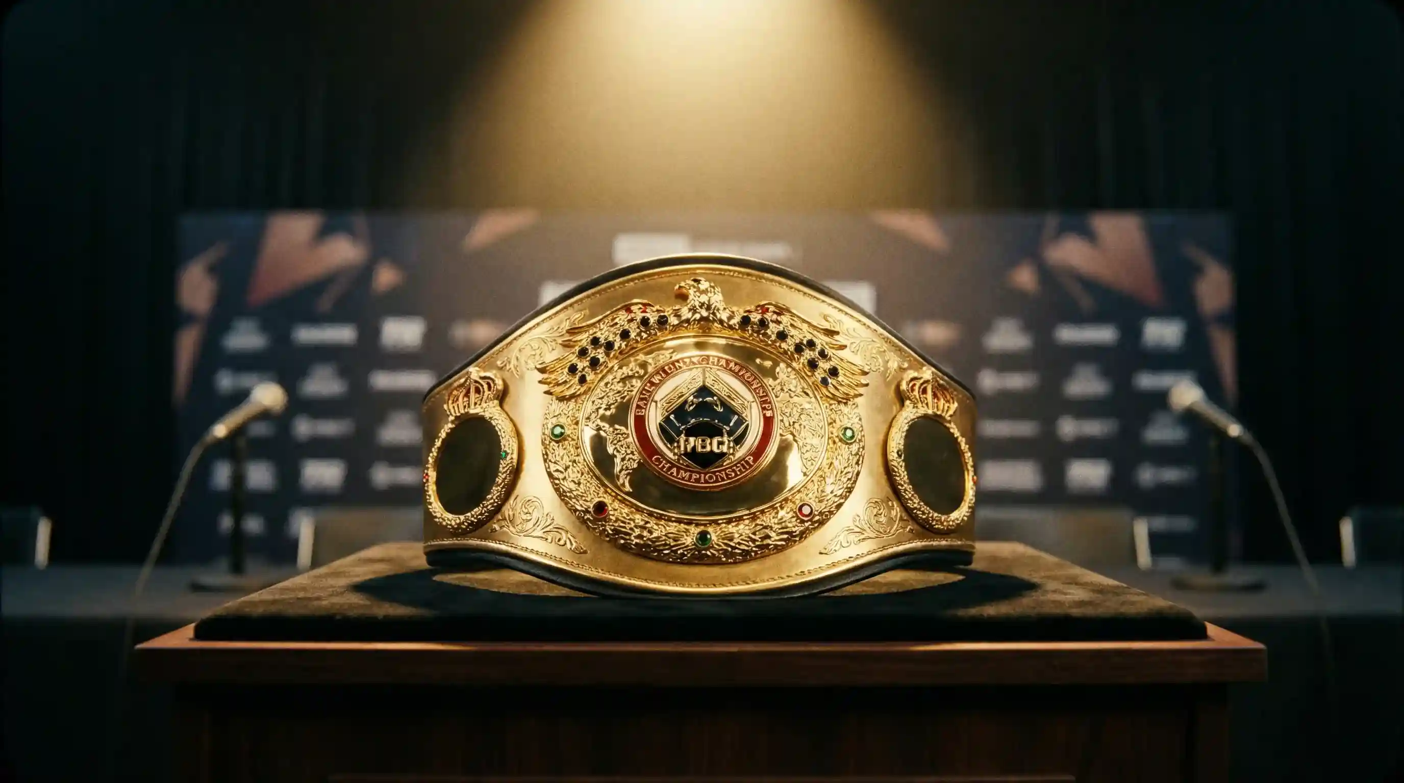 Goldener Boxweltmeister-Gürtel auf einem Podest bei einer Pressekonferenz