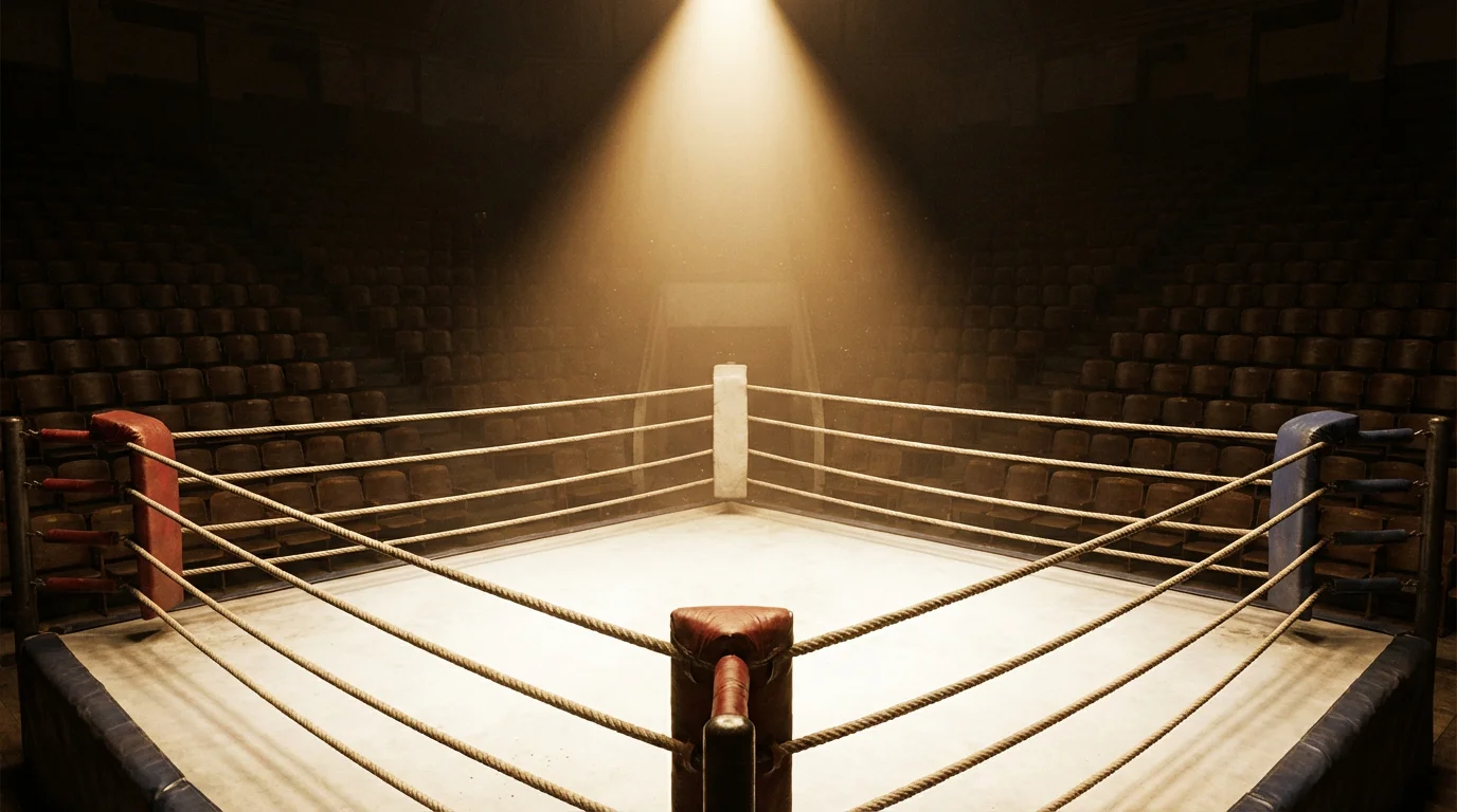 Leerer historischer Boxring unter dramatischem Scheinwerferlicht