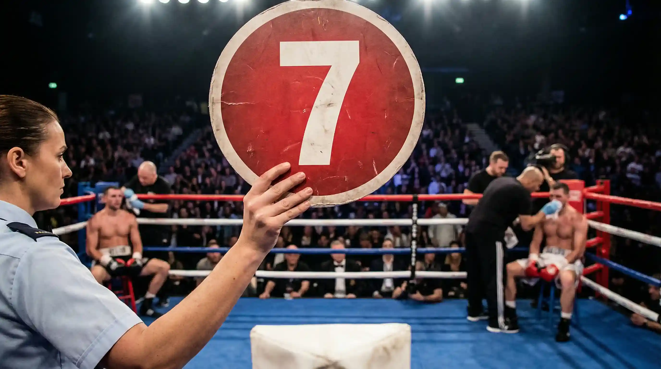 Rundentafel am Boxring zeigt Rundennummer während eines laufenden Kampfes