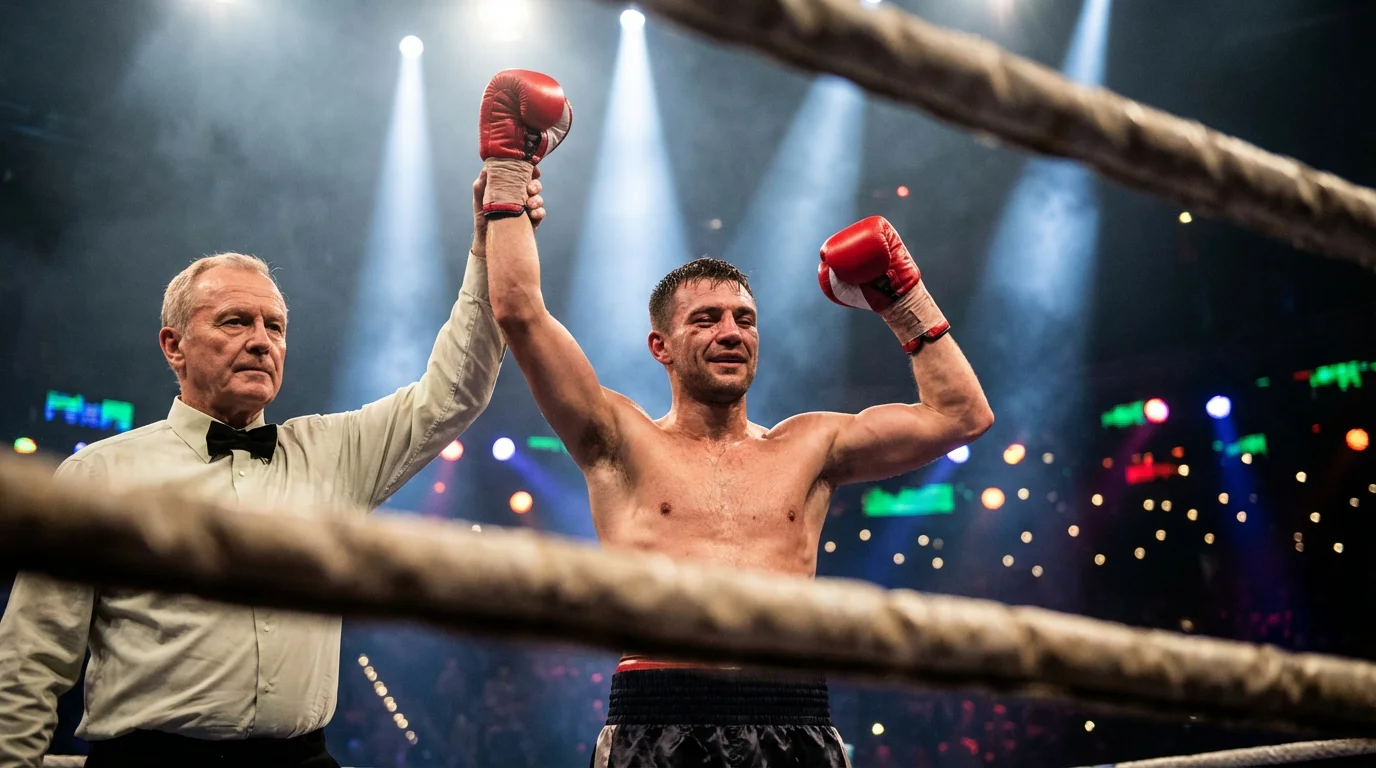 Boxer feiert Sieg im Ring mit erhobenem Arm nach Punktentscheidung