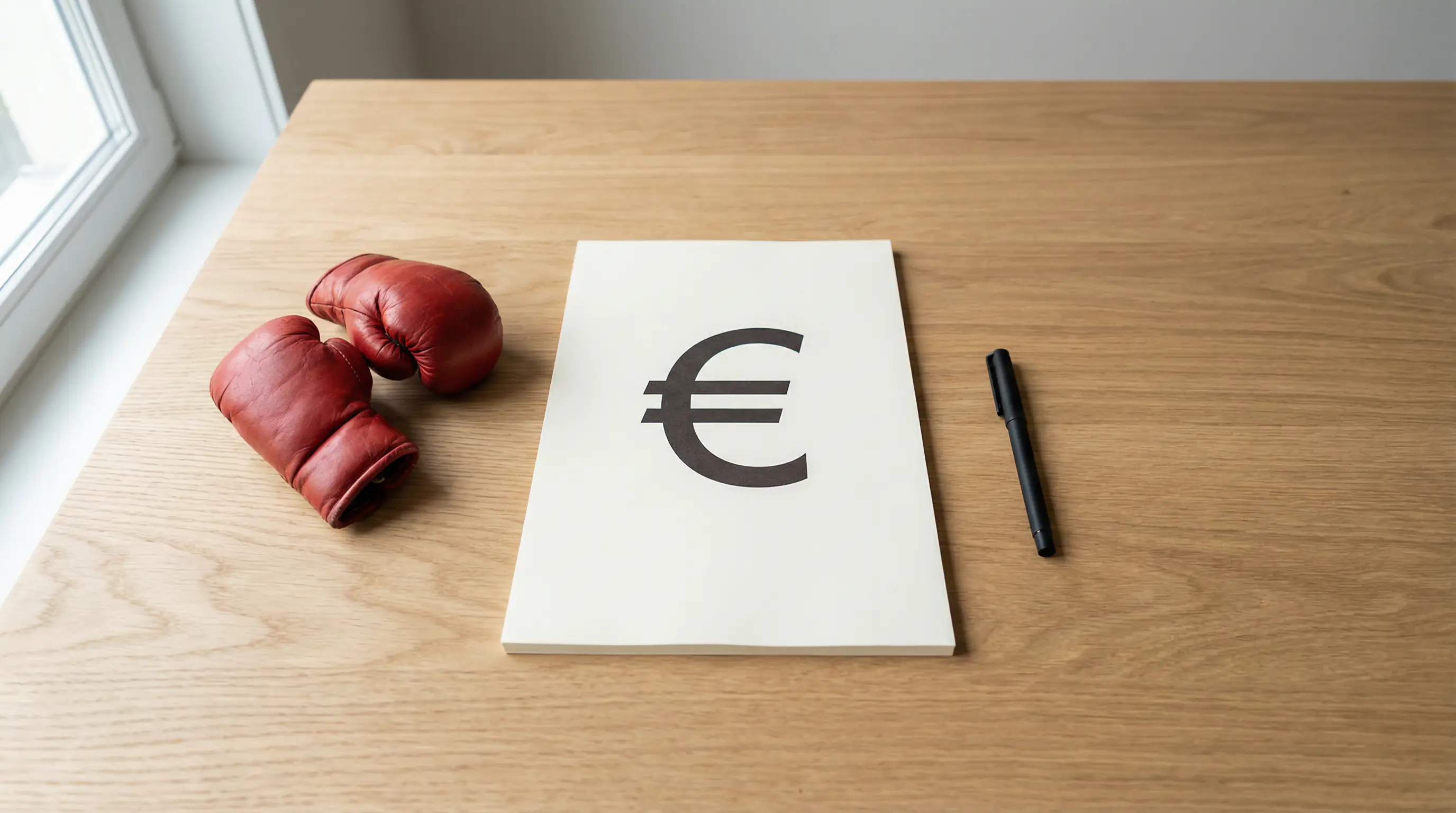 Dokument mit €-Zeichen und Boxhandschuhen auf einem Schreibtisch