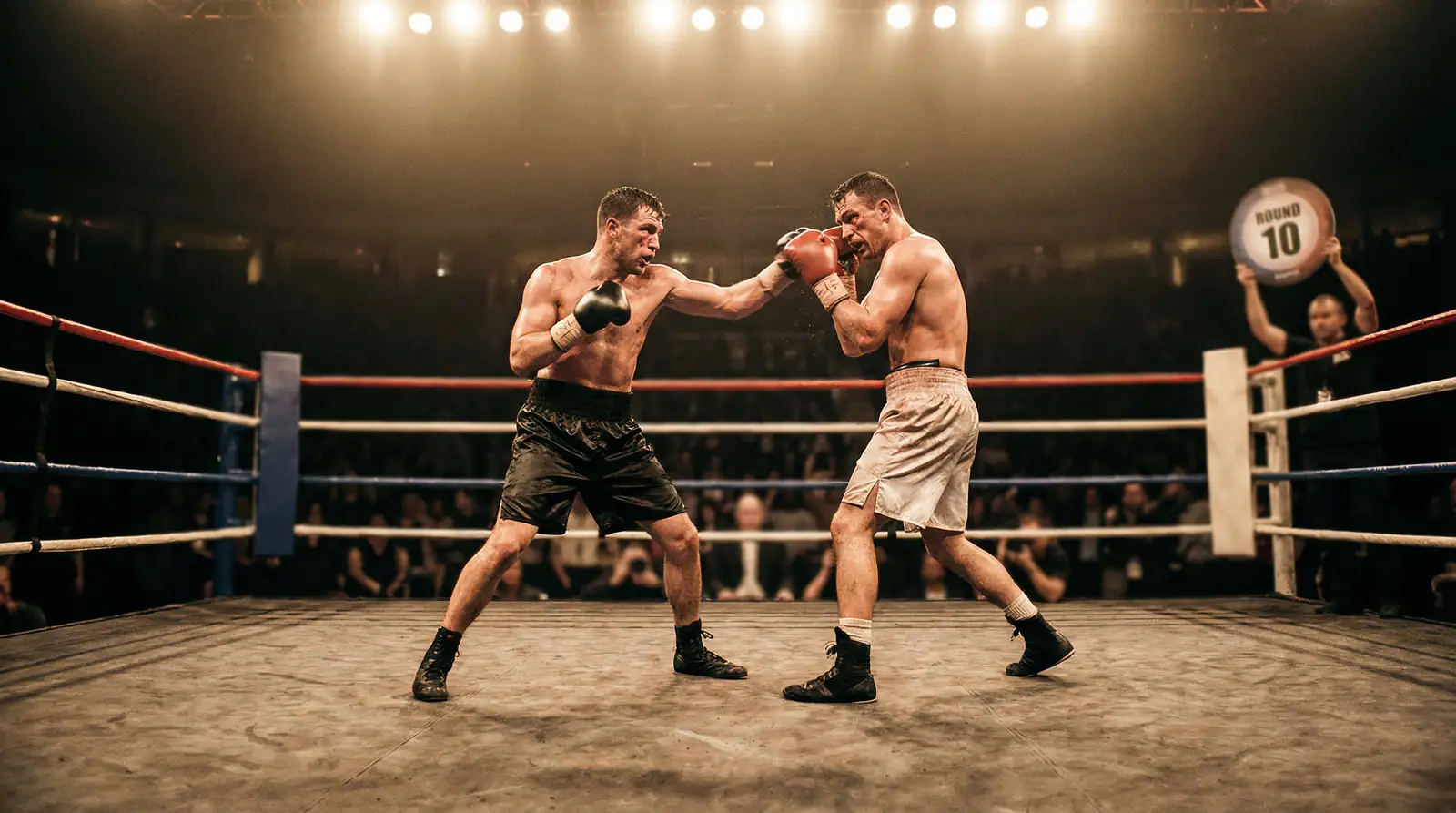 Zwei Boxer kämpfen in später Runde mit Rundentafel im Hintergrund