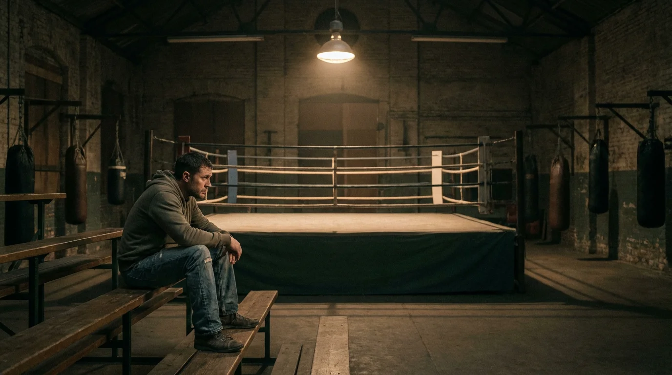 Nachdenklicher Mann sitzt allein auf einer Tribüne in leerer Boxhalle
